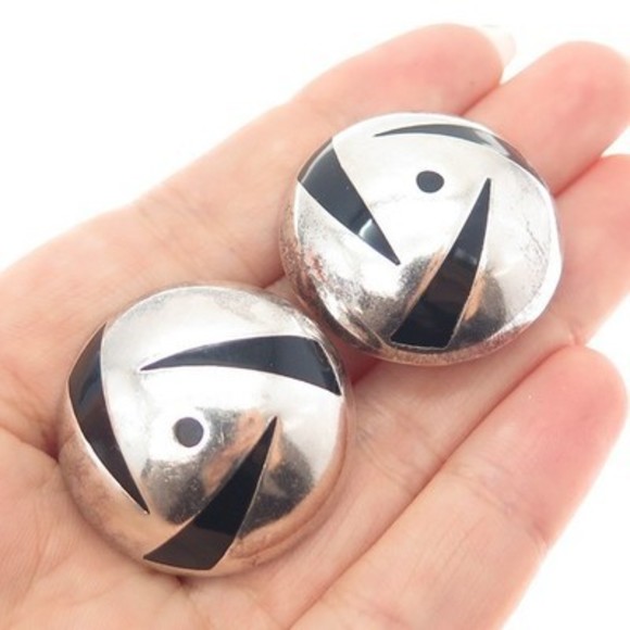 950 Silver Vintage Mexico Real Black Onyx Modernist Dome Clip On Earrings